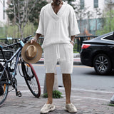Riolio New Summer Men's Set Loose Casual Sports Suit High-quality Jacquard V-neck Short-sleeved Shorts Two-piece Men's Clothing
