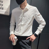 Riolio  Men's Korean Fashion Jacquard Business Casual Button Up Shirt Spring Autumn Lapel Long Sleeve Slim Solid Tops Camisas De Hombre