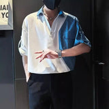 Riolio  Handsome Men's Half-sleeved Shirts Trendy and Fashionable Clothes  Men's Short-sleeved Denim Splicing Tops  Men