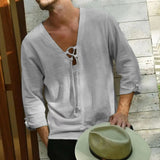 Riolio  New Summer Men's Long Sleeved Oversized T-shirt Linen Clothes V Neck Lace-up Loose Top Tee Male Shirt Beach Casual Pullover
