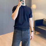 Riolio  Knitted Short-sleeved T-shirt Men's Solid Color Stripe Summer Casual Half-sleeved Round Neck Heavyweight Bottoming Shirt