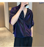 Riolio Men Shiny Design Casual Shirt Trendy Handsome Shirts Fashion Loose Half Sleeve Tops Korean Style Personality Clothing