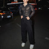 Riolio  Mens T-Shirts Shiny Glitter Sexy See-Through T-Shirts Streetwear Nightclub Stage Performance Fashion Long-Sleeve Tops Men'S Wear