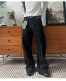 Riolio  JEANS MEN Black Straight Leg Mens Jeans Novel Pocket Design Front Patch Denim Pants Trendy Fashion Casual Trousers Hot Sale 2025