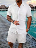 Riolio Spring And Summer New Sports Men's Polo Casual Solid Color Loose Short-sleeved Drawstring Shorts Cardigan Striped Sports Suit