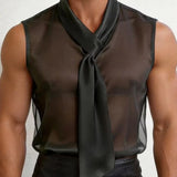 Riolio  Mens Mesh Sheer Satin Ribbon Sleeveless Vest Streetwear Fashion Nightclub Stage Niche Youth Tank Top Men'S Clothing New