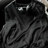 Riolio  Mens Ripped Knitted Nightclub T-Shirt Streetwear Fashion Personality Hollow Trend Casual Long-Sleeve Top Men'S Clothing New