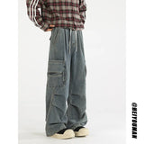 Riolio Loose straight Jeans Men Denim Cargo Pants Wash Solid Color Multi Pockets Casual Mid Waist Trousers Unisex Daily Wear Joggers
