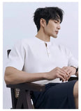 Riolio New Fashion American Style Men T-shirt Luxury Striped Knitted Henry Collar Tees Casual Solid Color Short Sleeve Breathable Tops