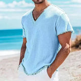 Riolio  Summer Fashion Men Cotton Linen Shirts Vintage Solid Casual Loose Tassel Tops V-neck T-shirts Short Sleeve Tees Shirts For Male