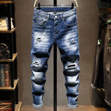 Riolio  Spring and Autumn New Fashion Trend Straight Tube Perforated Elastic Jeans Men's Casual Slim Fit Sports High-Quality Pants 28-36