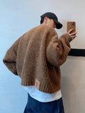 Riolio Autumn Winter American Retro Loose Heavy Mixed Color Short Wide Thick Thread Knitted Cardigan Sweater Jacket Men Women Sweaters