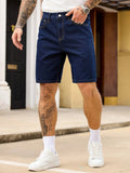 Riolio  Men's vintage dark blue loose straight-leg casual denim shorts for summer with an adjustable waist belt at the back waist