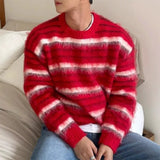 Riolio  Men's Luxury Knitted Mohair Stripe Sweater Chic Long Sleeve Solid Color O Neck Pullover Autumn Korean Trendy Male Clothing M-2XL
