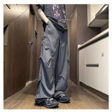 Riolio  Spring Autumn Men's Clothing Solid Color Elastic Pockets Drawstring High Waist Loose Casual Button Trousers Cargo Straight Pants