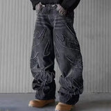 Riolio  Y2k Hip Hop Baggy Jeans Men's Street Fashion Raw Edge Embroidered Jeans Street Gothic Retro High Waisted Wide Leg Trousers