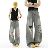 Riolio  2025 New Baggy Ripped Jeans Men Grey Distressed Denim Pants Loose Oversized Drop Street Style Fall Fashion High Quality