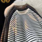 Riolio  Men's Tri-color Striped Sweatshirt American Classic Style Retro Casual Round Neck Top Unisex College Style Trendy Menswear