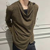 Riolio  Mens Drape Cowl Neck Asymmetric Layered Top Shoulder Buckle Slim Summer Streetwear Fashion Vintage Youth Long Sleeve  T Shirt