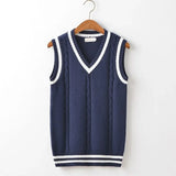 Riolio  Striped White Knitted Sweaters for Men Blue Sleeveless Man Clothes V Neck Vest Red Waistcoat Jumpers Sweat-shirt Cigaret Cotton