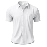 Riolio Summer New Solid Color Linen Men's Shirt Turn-down Collar Short Sleeve Men's Loose Casual Pocket Outdoor Vacation Shirt