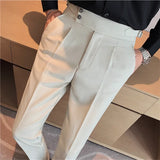 Riolio Spring Autumn Men High Waist Belt Design Casual Slim Formal Dress Pant Men Social Office Wedding Party Dress Suit Pants