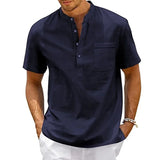 Riolio Cotton Linen Shirt Men Henley Neck Pocket Casual Beach Short Sleeve Solid Color Male Tops T-shirts Vintage Streetwear