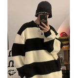 Riolio Korean style patchwork striped sweater for men in autumn and winter lazy loose knitted sweater round neck retro trendy sweater