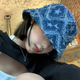 Riolio  Man Vintage Denim Bucket Hat with Star Embroidery Wide Brim Sun Casual Summer Cap for Women Machine Washable