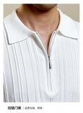 Riolio Zipper Knitted Short-sleeved Polo Shirt Men Summer American Retro Commuting Loose Vertical Striped Pit Strip Lapel T-shirt Men