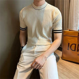 Riolio Men's Clothing Fashion Patchwork Tops Luxury High Quality Knit O Neck Short-sleeved T-shirt Leisure Popular Retro Slim Knitwear