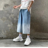 Riolio  High Street Trendy Gradient Jeans Men Summer Thin Elastic Waist Drawstring Pockets Loose Casual Denim Wide Leg Calf Length Pants