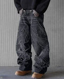 Riolio 90s Streetwear Retro Hip Op Flame Embroidery Loose High Waisted Men Jeans Female Y2K New Harajuku Gothic Wide Leg Pants