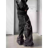 Riolio  American High Street Men and Women Trendy Hip Hop Personality Lightning Embroidered Jeans Couple Loose Retro Casual Pants y2k