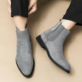 Riolio New Gray Chelsea Boots for Men  Flock Business Men Ankle Boots Cowboy Boots Handmade Men Boots Size 38-46