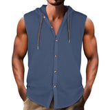 Riolio  Summer Men Casual 100% Cotton Shirts Turn-down Collar Male Solid Color Sleeveless Loose Drawstring Hoodie Shirts For Men's Tops