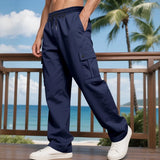 Riolio  Summer Men Straight‑Leg Cargo Pants Light‑Weight Fabric Daily Wear Elastic Waist Multi‑Pocket Outdoor Casual Trousers