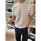 Riolio  Men Crew Neck Striped Knit Short Sleeve T Shirt Loose Old Money Style Breathable Casual Summer Basic Top