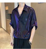 Riolio Men Shiny Design Casual Shirt Trendy Handsome Shirts Fashion Loose Half Sleeve Tops Korean Style Personality Clothing