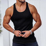 Riolio  Casual Solid Color Woven Tank Tops Men Fashion Slim Fit Crew Neck Sleeveless Vest For Mens Sports Training Fitness Ribbed Tops