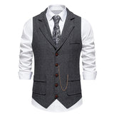 Riolio Men's Retro Lapel Chain Vest Fashion Herringbone Coarse Tweed Pockets Suit Vest British Casual Vintage Gentleman Leisure Party