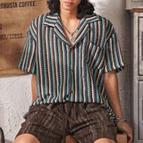 Riolio  Vintage Turn-down Collar Striped Knit Shirts Men's New Casual Button-up Cardigans Men Fashionable Short Sleeve Knit Slim Shirts