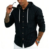 Riolio  Men's Striped Hooded Shirt Long Sleeve Button Down Casual Linen Blend Hoodie Shirt for Daily Wear