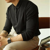 Riolio  New American Retro Men Polo Shirt Light Luxury Solid Color Slim-fit Commuting Long Sleeve T-shirt Leisure Business Pullover Tops
