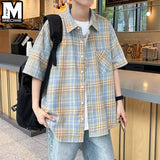 Riolio Checkered shirt men's summer casual loose jacket American trend thin style couple daily versatile retro plaid short sleeve shirt
