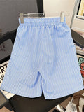 Riolio  Blue Striped Beach orts ex Summer Loose Casual Dstring Mid-Thigh Beach Vaion Couple's Five-Quarter Length Pants