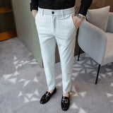 Riolio  Autumn England Style Striped Suit Pants Casual Men Chic Business Slim Thin Elastic Bodycon High Street Gothic Cropped Trousers