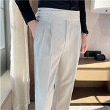 Riolio British Style Men High Waist Casual Dress Pant Men Belt Design Slim Trousers Formal Office Social Wedding Party Dress Suit Pants