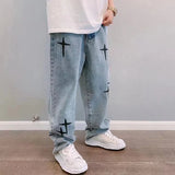 Riolio  Men's Trendy Cool Style Blue Denim Pants Baggy Wide Leg Streetwear Trousers Cross Star Sticker Embroidery Design Jeans Male