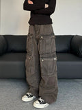 Riolio  American retro washed multi pocket workwear straight leg jeans for men and women street cool loose wide leg casual pants y2k